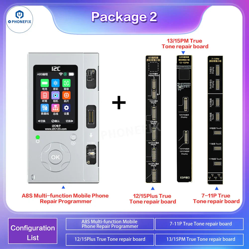 Programmateur de téléphone i2C i6S A8S de PHONEFIX pour la réparation des écrans True Tone et Face ID des iPhone, présenté avec les composants de l'appareil.