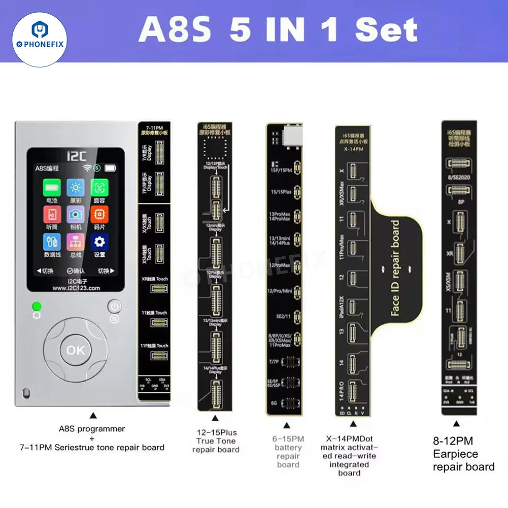 Programmateur de téléphone i2C i6S A8S de PHONEFIX pour la réparation d'écran d'iPhone, True Tone, Face ID, appareil 5 en 1 avec de multiples fonctions