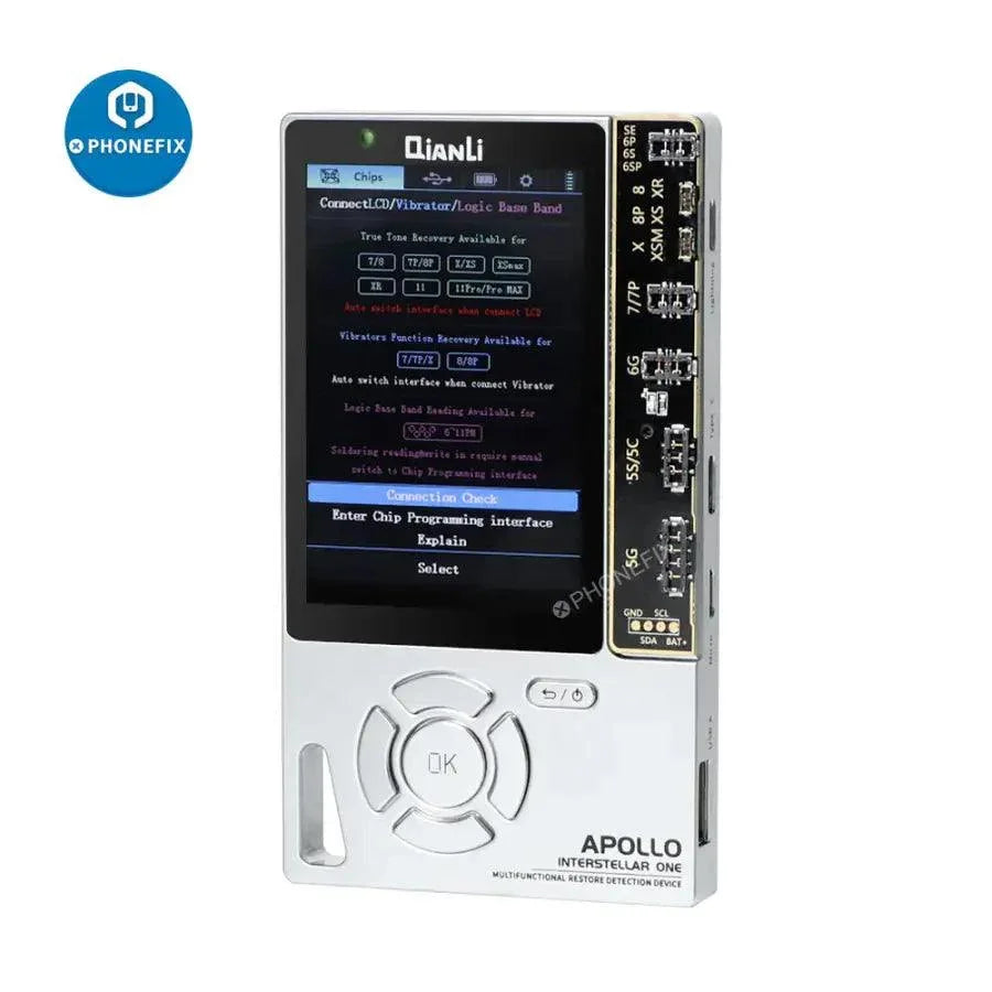 Qianli APOLLO iPhone 6-13 Pro Max battery true tone phone programmer by PHONEFIX, shown in close-up with device components.