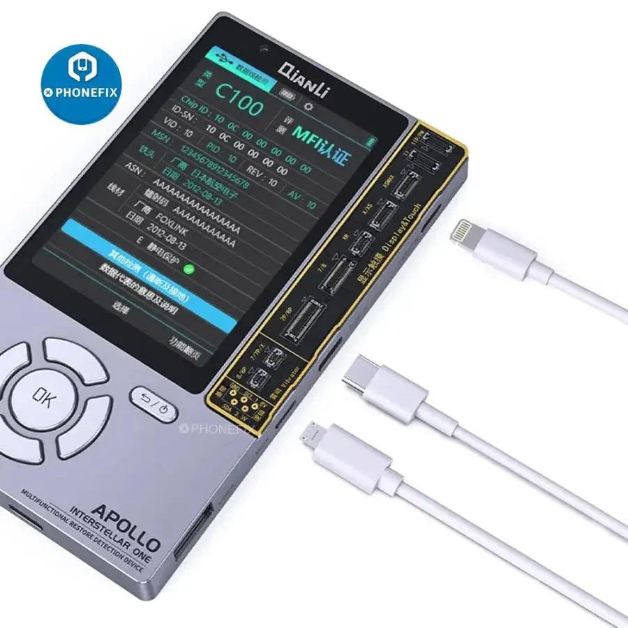 PhoneFix Qianli APOLLO Programmer for iPhone 6-13 Pro Max battery calibration and True Tone adjustment, used for phone repair and diagnostics.