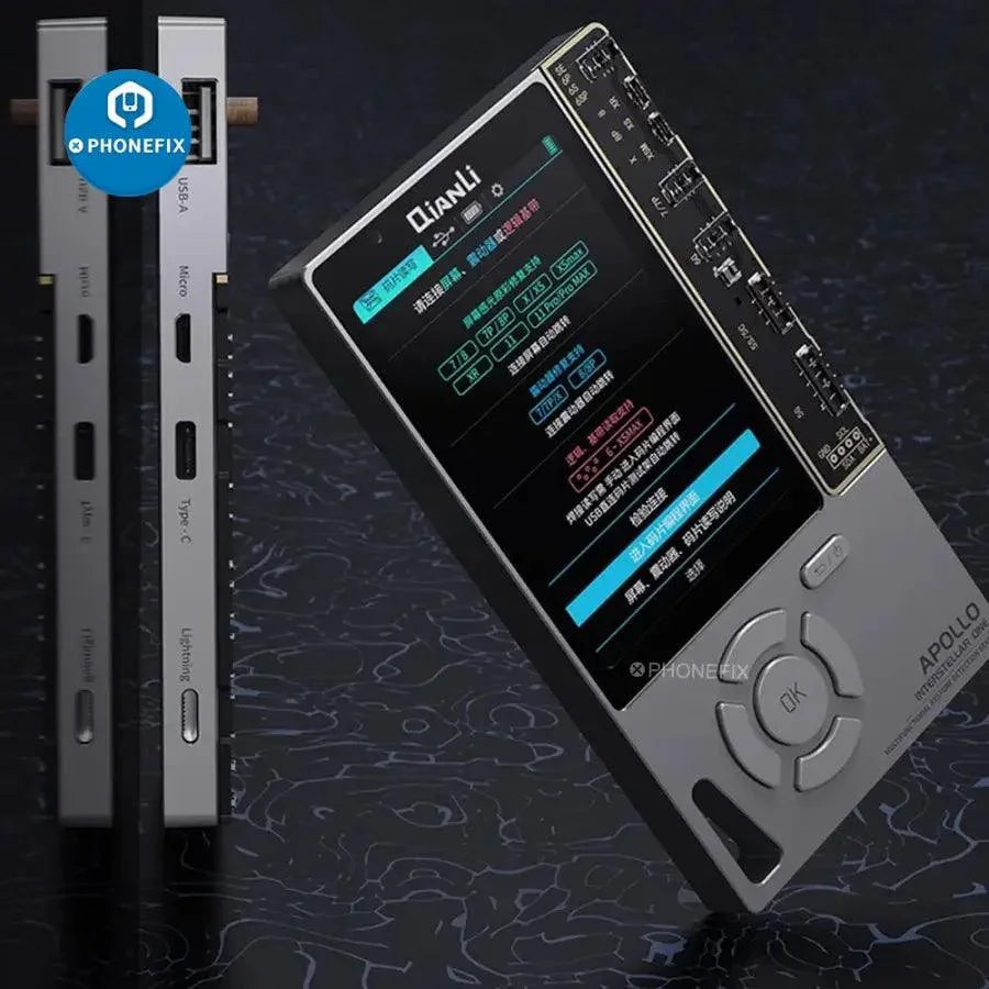 PHONEFIX Qianli APOLLO Programmer for iPhone 6-13 Pro Max battery and True Tone calibration, showing the device connected to a smartphone.