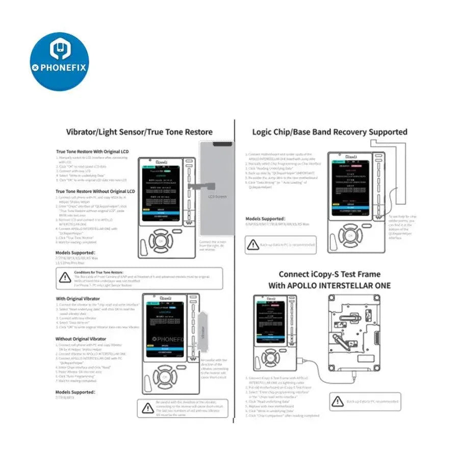PHONEFIX Qianli Apollo iPhone 6-13 Pro Max battery true tone programmer for phone repair and diagnostics.