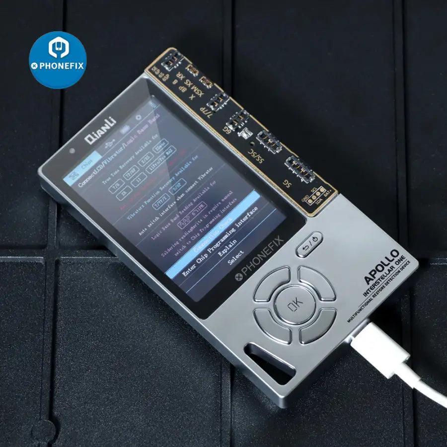 PhoneFix Qianli Apollo Programmer for iPhone 6-13 Pro Max, used for true tone battery calibration and phone diagnostics.