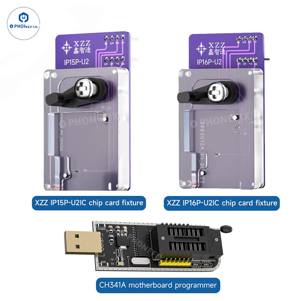 XZZ CH341A U2 Phone Programmer by PHONEFIX for iPhone repair, featuring EEPROM IC read/write tool with USB interface.