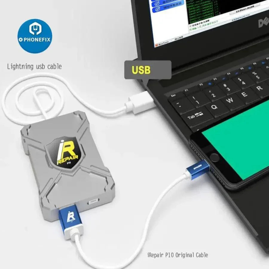 PHONEFIX iRepair BOX P10 DFU unlock box for iPad and iPhone 6 7 7P 8 X, used for device programming and firmware recovery.
