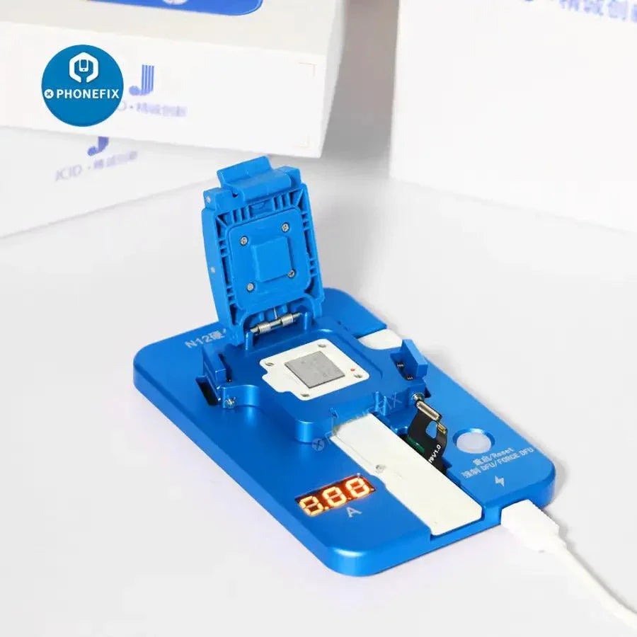 JC N12 NAND restoring testing fixture for iPhone 12 series repair, PhoneFix brand phone programmer device with testing ports.