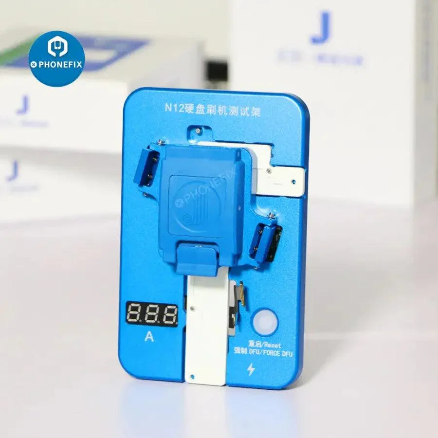 PhoneFIX JC N12 NAND restoring testing fixture for iPhone 12 series repair, used as a phone programmer tool.