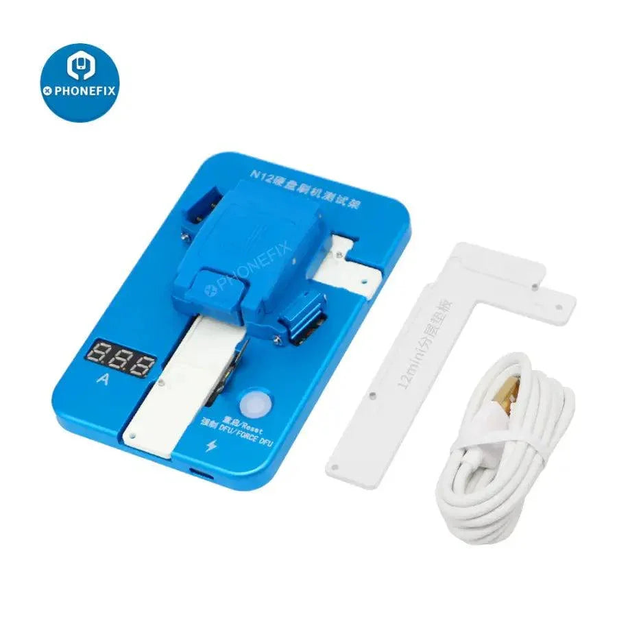 PHONEFIX JC N12 NAND restoring testing fixture for iPhone 12 series repair, used as a phone programmer for NAND testing.