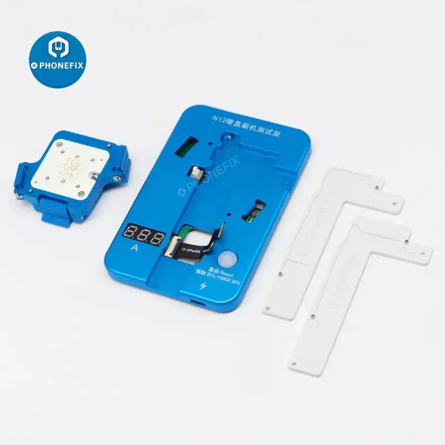 PHONEFIX JC N12 NAND restoring testing fixture for iPhone 12 series repair, used as a phone programmer for troubleshooting.