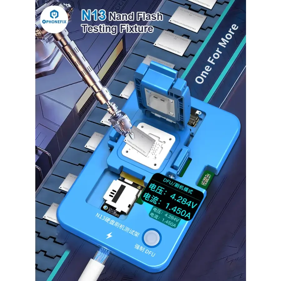 PHONEFIX JC N13 Nand Restore Test Fixture for iPhone 13 Pro Max and Mini phone programmer, shown on a white background.