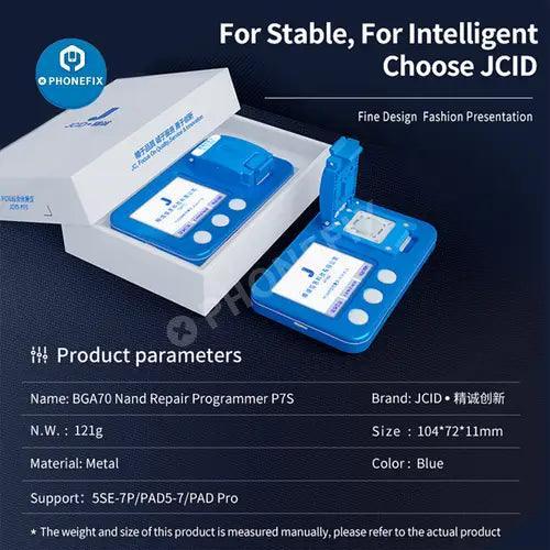Le programmateur NAND JC P7S pour iPhone et iPad, de la marque PHONEFIX, présente cet outil compact de lecture/écriture pour téléphones, avec ses connecteurs et son circuit imprimé.
