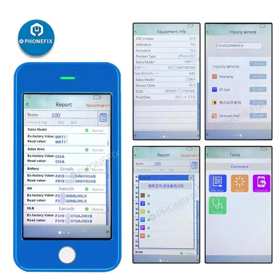 JCID iDetector handheld iPhone fault tester and phone programmer by PHONEFIX, showing device with screen and controls.