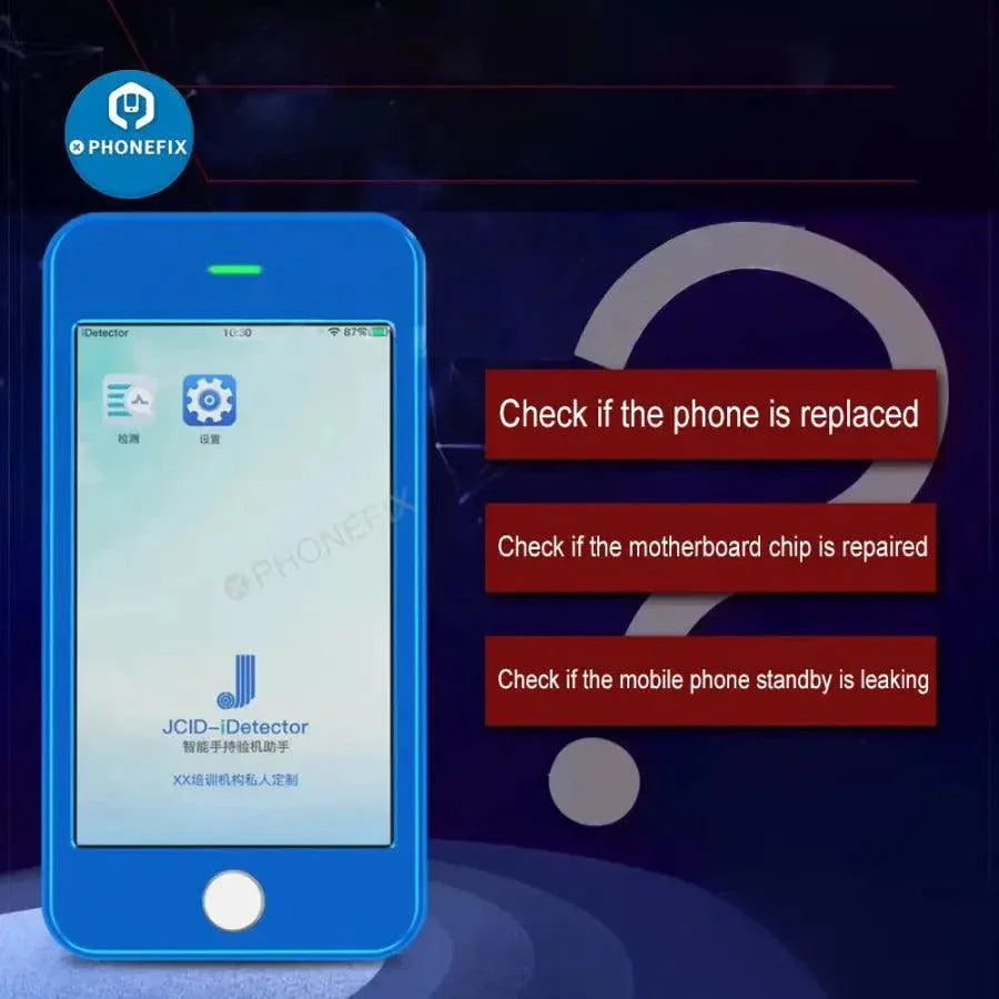 JCID iDetector handheld iPhone fault tester by PHONEFIX, compact phone programmer with digital display and testing features.