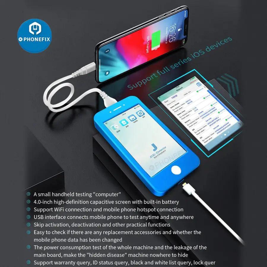 JCID iDetector handheld iPhone fault tester and phone programmer by PHONEFIX, showing the device with screen and buttons.