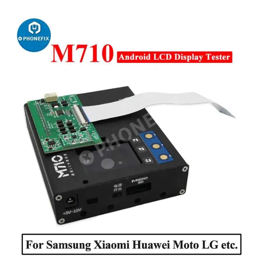 PHONEFIX M710 LCD Screen Tester for Samsung, Huawei, Xiaomi Android phones, testing phone screens and display functionality.
