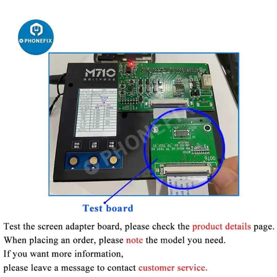 PhoneFIX M710 LCD screen tester for Samsung, Huawei, Xiaomi Android phones, used for diagnosing and testing phone LCD displays.