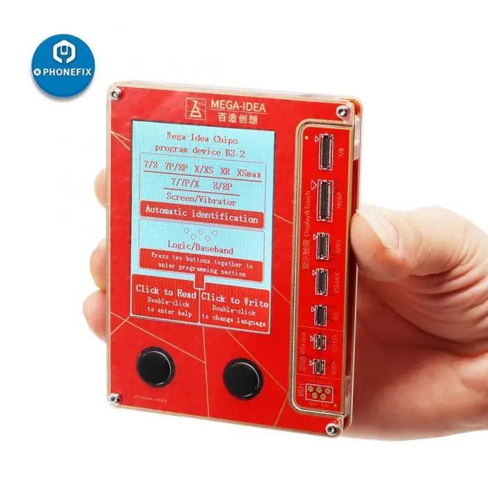 Qianli Mega-idea phone programmer for light sensor vibrator data by PHONEFIX, showing device connected to a smartphone.