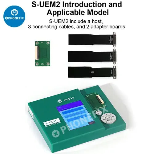 PhoneFIX S-UEM2 USBC EDP meter pour la réparation de cartes logiques MacBook, outil de programmation de téléphone portable avec écran et connecteurs.