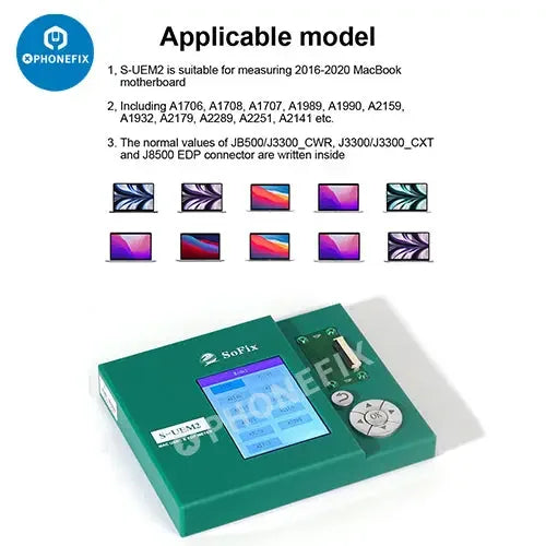 Le PhoneFix S-UEM2 USB-C EDP Meter est un outil de mesure pour la réparation des cartes logiques MacBook, affichant la connexion de l'appareil et la configuration des tests de diagnostic.