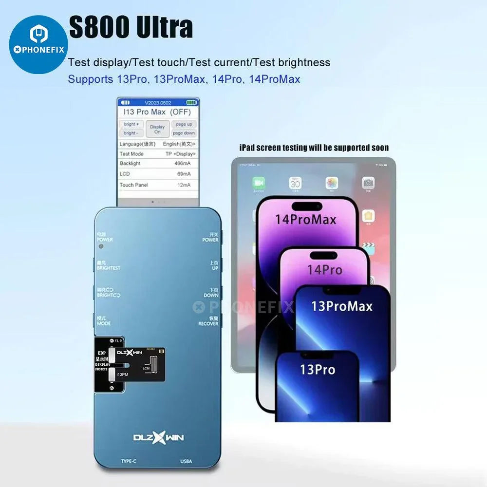 Phone programmer DL S800 screen tester for iPhone, Samsung, Huawei, Xiaomi, Oppo, Vivo by PHONEFIX, displaying test interface on screen.