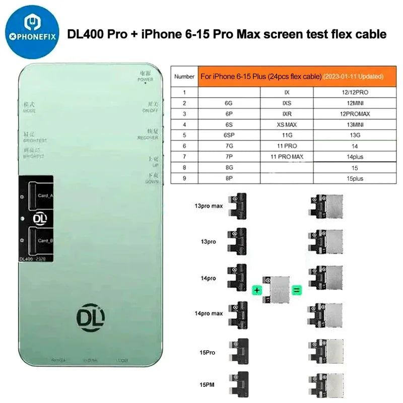 PHONEFIX DL400 Pro display touch digitizer screen tester for iPhone 6 to 17 Pro Max, showing device screen and testing interface.