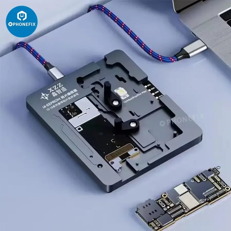 PhoneFIX XZZ EEPROM chip read/write programmer for iPhone X to 16 Pro Max, shown on logic baseband EEPROM fixture.
