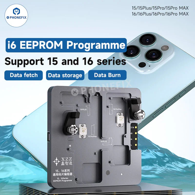 PHONEFIX EEPROM chip read/write programmer for iPhone X to 16 Pro Max, showing the device and USB connection for phone repair.