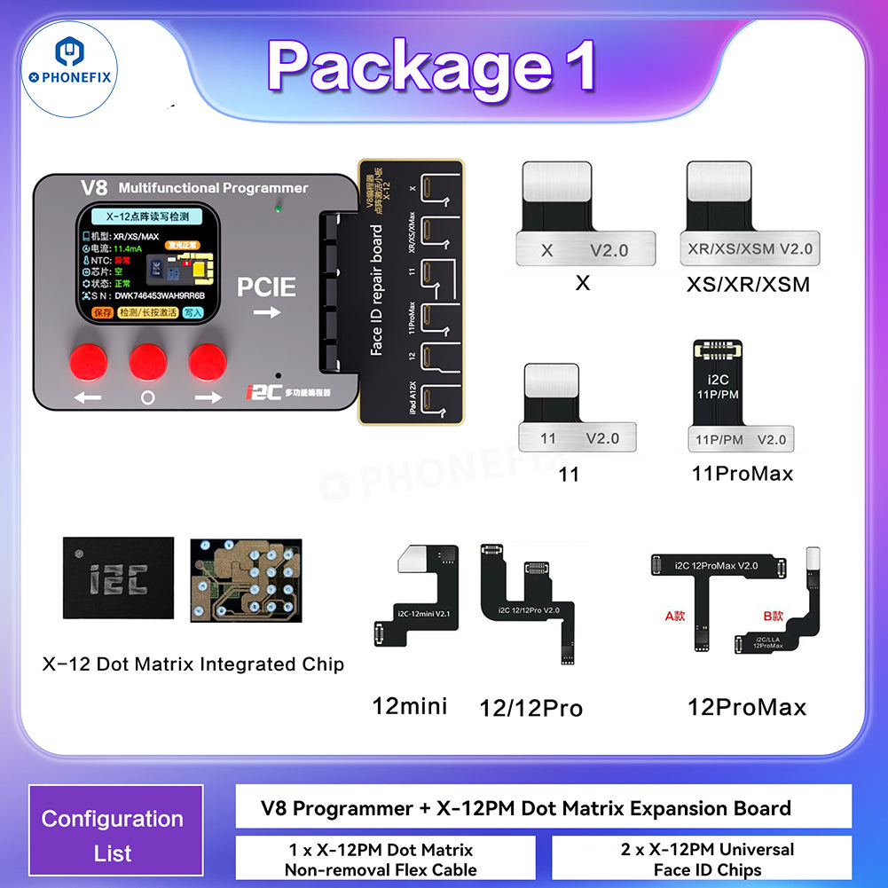 PhoneFIX i2C V8 multifunctional phone programmer for iPhone Face ID repair, showing device with multiple connection ports.