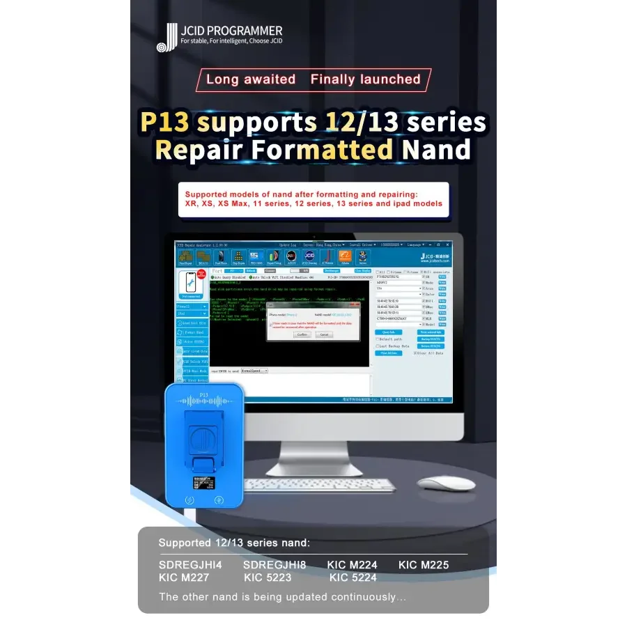 JC P13 iBox2 iRepair P12 PCIe NAND programmer for iPhone 6-13 Pro Max, used for data repair on Apple smartphones.