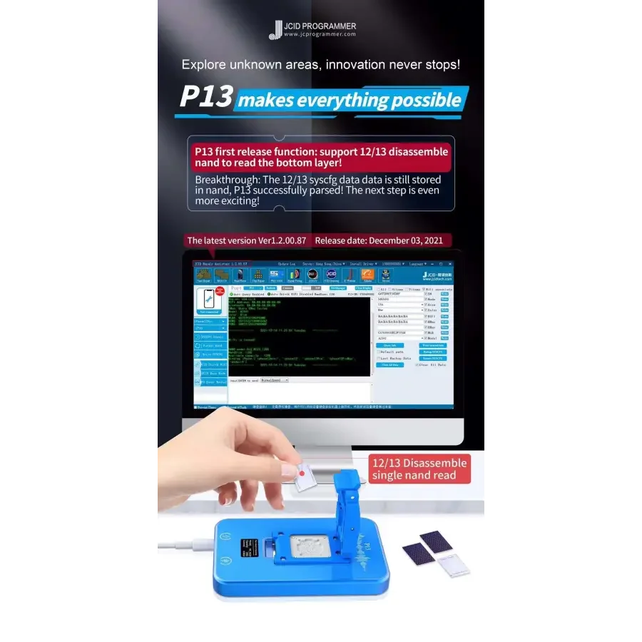 JC P13 iBox2 iRepair P12 PCIe NAND programmer for iPhone 6-13 Pro Max, black device with ports, used for phone repair.