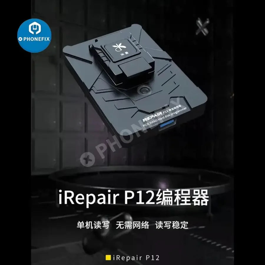 JC P13 iBox2 iRepair P12 PCIE NAND programmer for iPhone 6-13 Pro Max, showing the device and ports on a white background