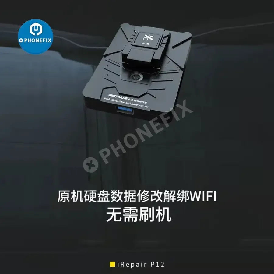 PHONEFIX JC P13 iBox2 iRepair P12 PCIe NAND programmer for iPhone 6-13 Pro Max, shown with device and cables.