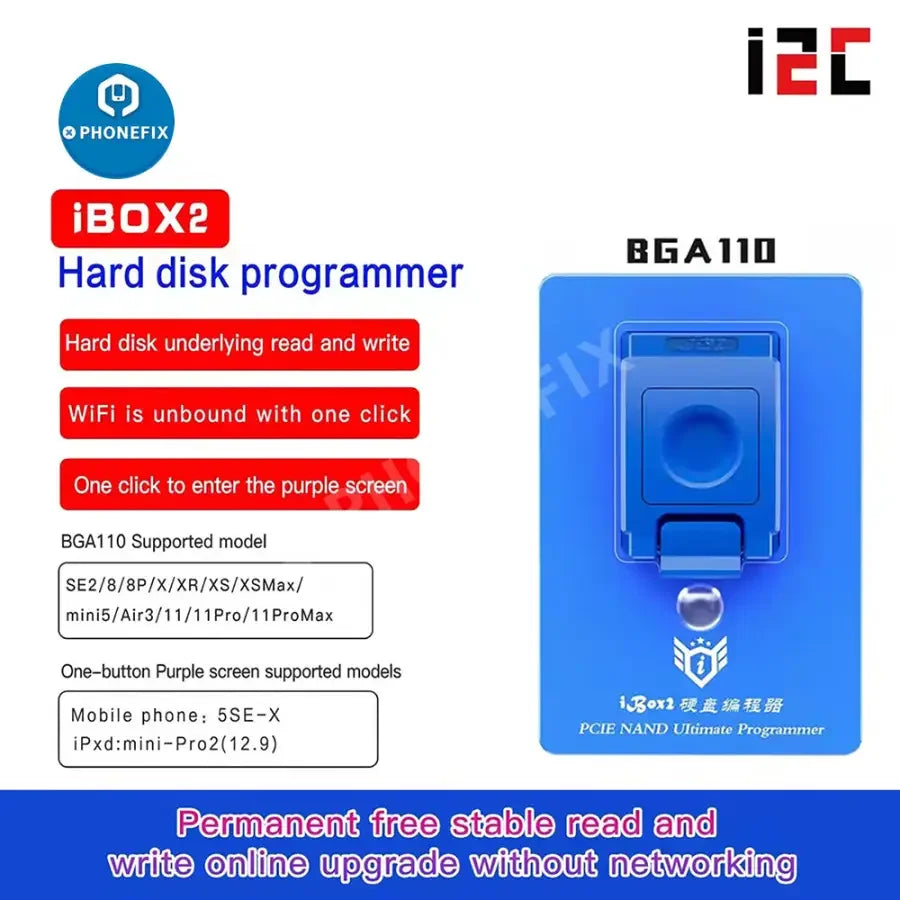 iBox P12 Box phone programmer by PhoneFix with BGA110 NAND support, DFU purple screen tool for repair and flashing.