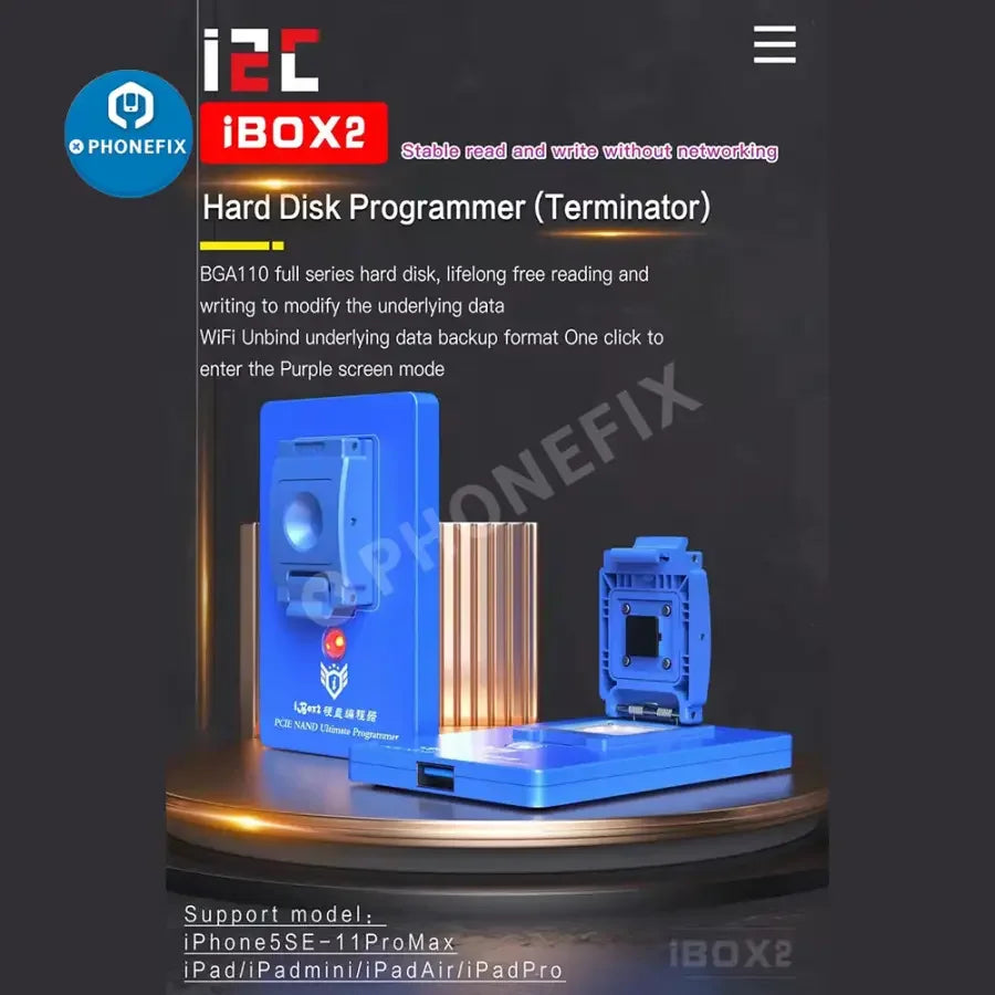 PhoneFix iBox P12 box phone programmer with BGA110 NAND programmer and DFU purple screen tool, used for phone repair.