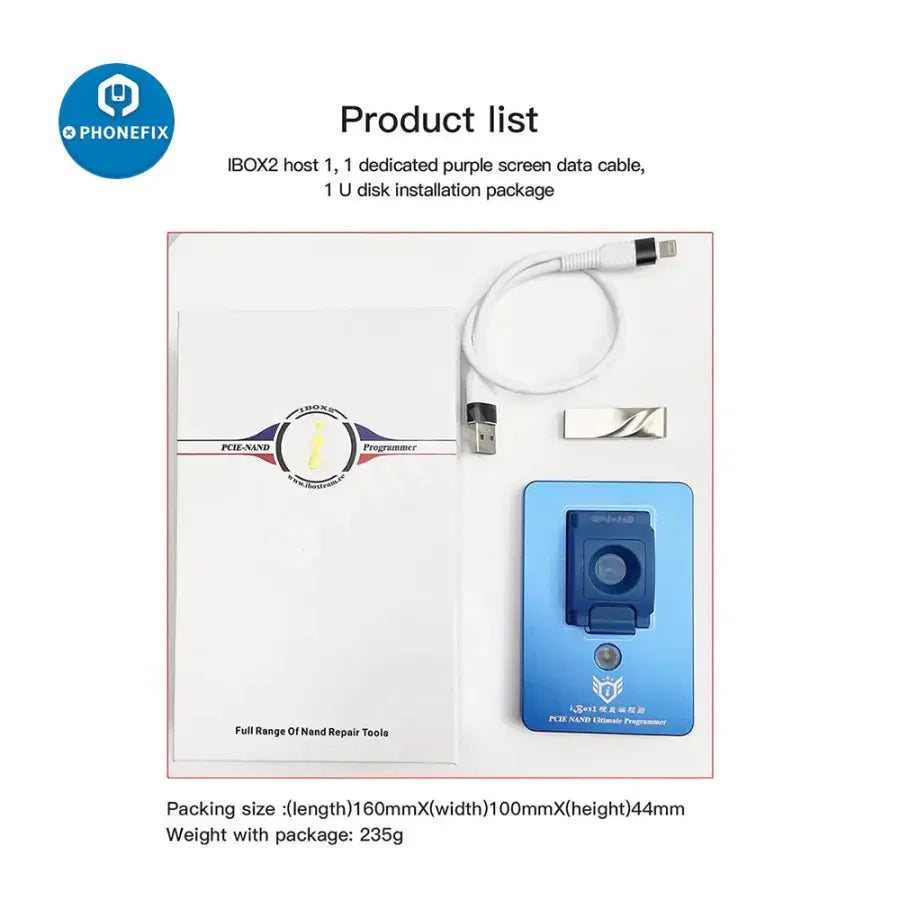 PhoneFix ibox P12 box phone programmer with purple screen tool for iRepair BGA110 NAND programming and DFU mode.