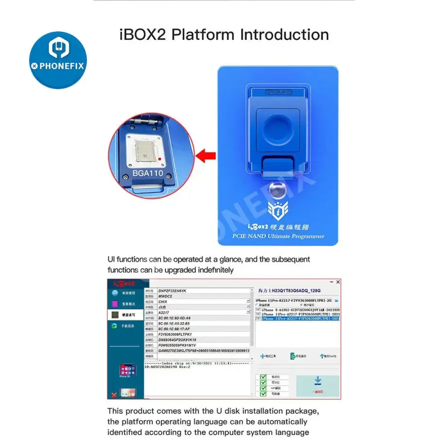 PhoneFix ibox P12 phone programmer with BGA110 NAND support and purple screen tool for iRepair and DFU repair tasks.