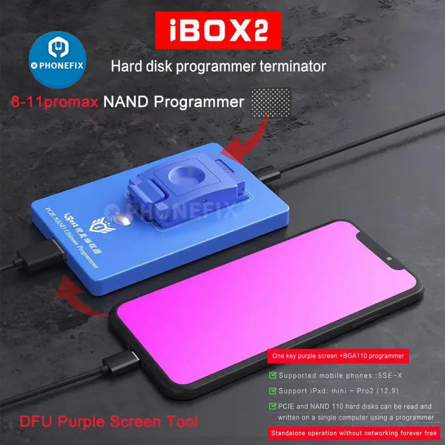 iBox2 All-in-One Ultimate Programmer PCIE NAND device with purple screen for phone programming by PHONEFIX.