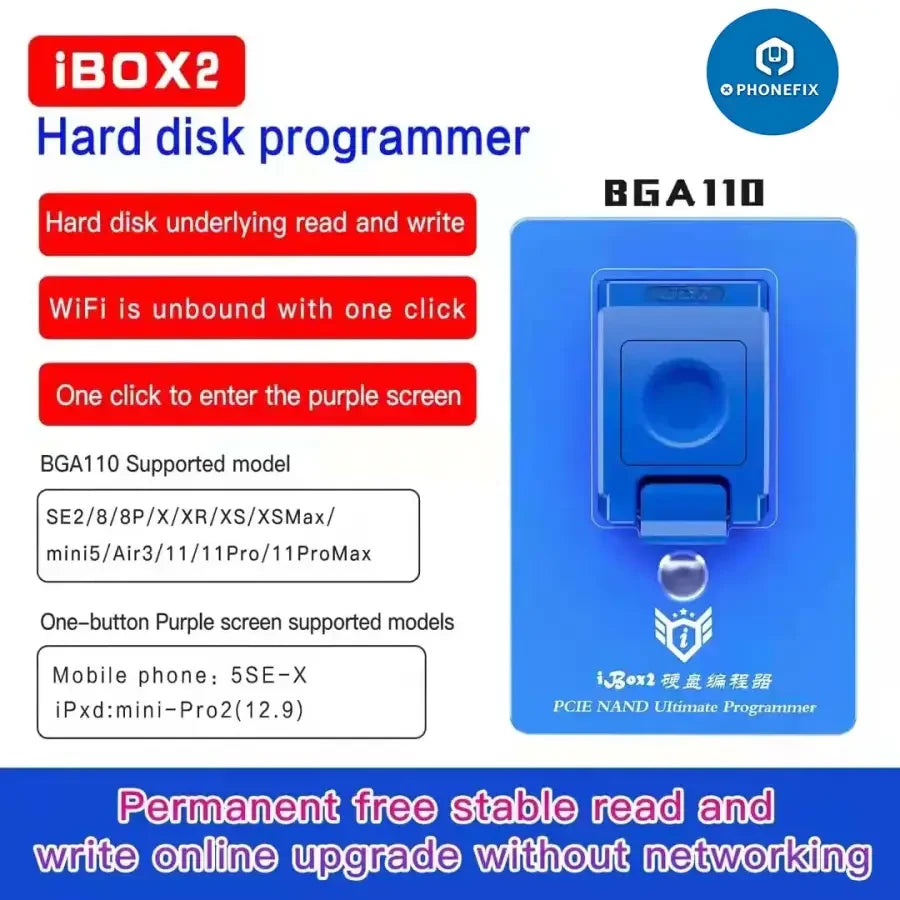 PhoneFIX ibox2 All-in-One Ultimate Programmer PCIe Nand with purple screen for phone flashing and repair.