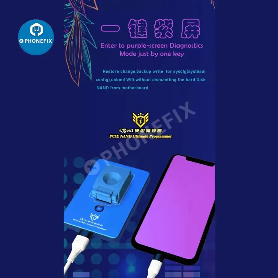 iBox2 All-in-One Ultimate Programmer PCIe Nand device with purple screen, used for phone programming by PHONEFIX.