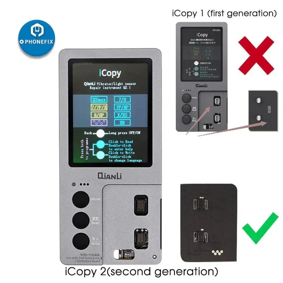 QianLi iCopy Plus 2.2 phone programmer with battery light sensor board by PHONEFIX, used for phone repair and data transfer.