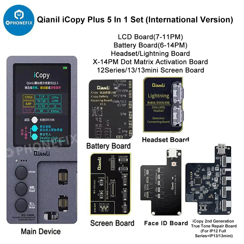 PHONEFIX QianLi iCopy Plus 2.2 phone programmer with battery light sensor board, compact electronic device for phone data management