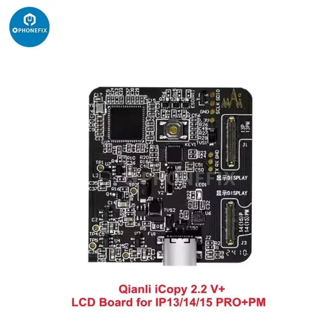QianLi iCopy Plus 2.2 phone programmer with battery light sensor board, designed for mobile device repair and data transfer.