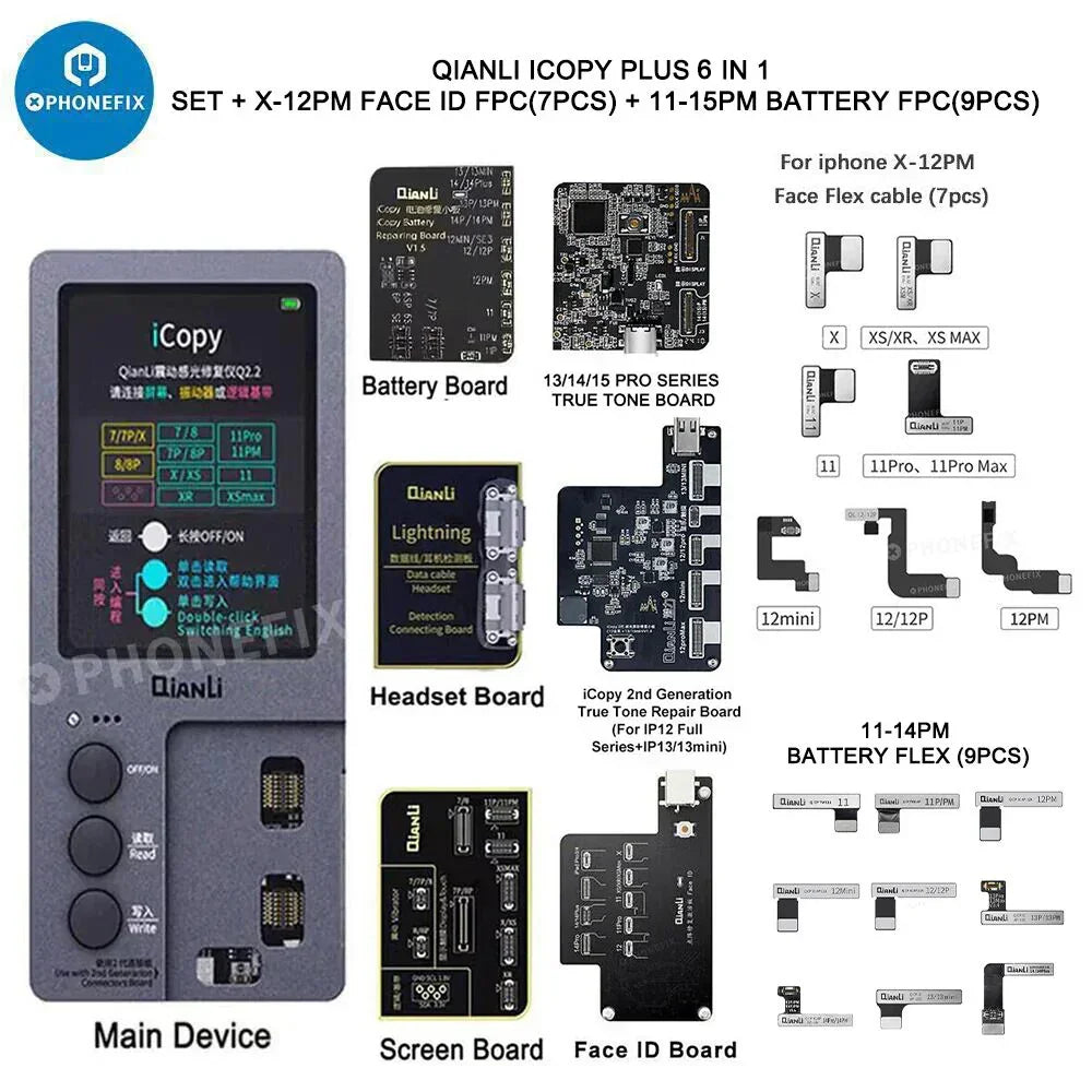 QianLi iCopy Plus 2.2 phone programmer with battery light sensor board, showing device connected with cables and LED indicators.