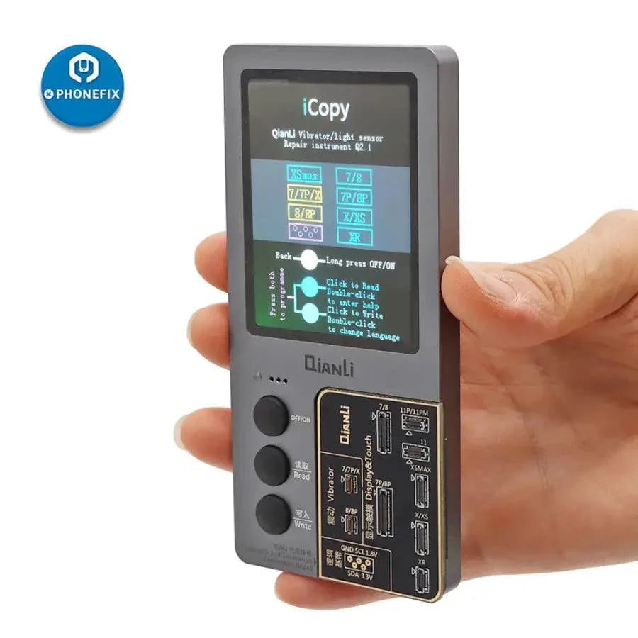 QianLi iCopy programmer for iPhone LCD screen, light sensor, and battery repair, designed for PhoneFix brand electronics.