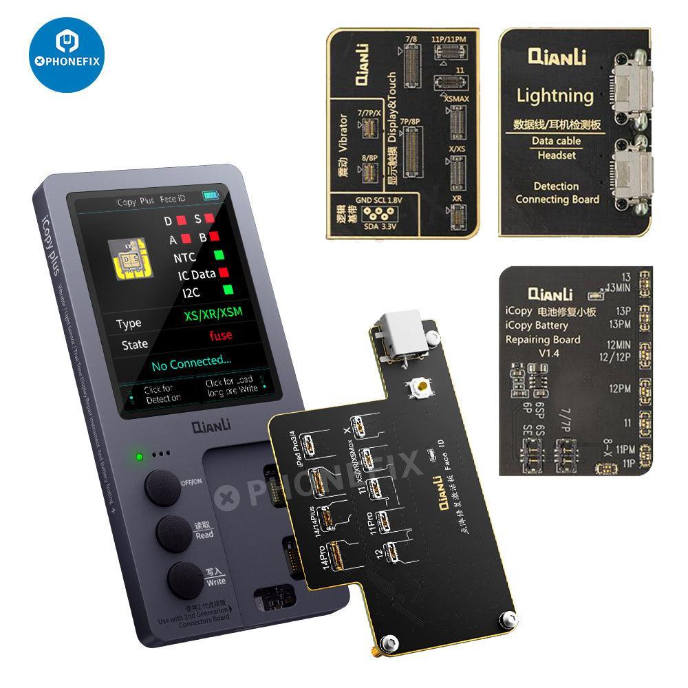 QianLi iCopy Programmer for iPhone LCD screen, light sensor, and battery repair, compatible with PhoneFix devices for iPhone repair.