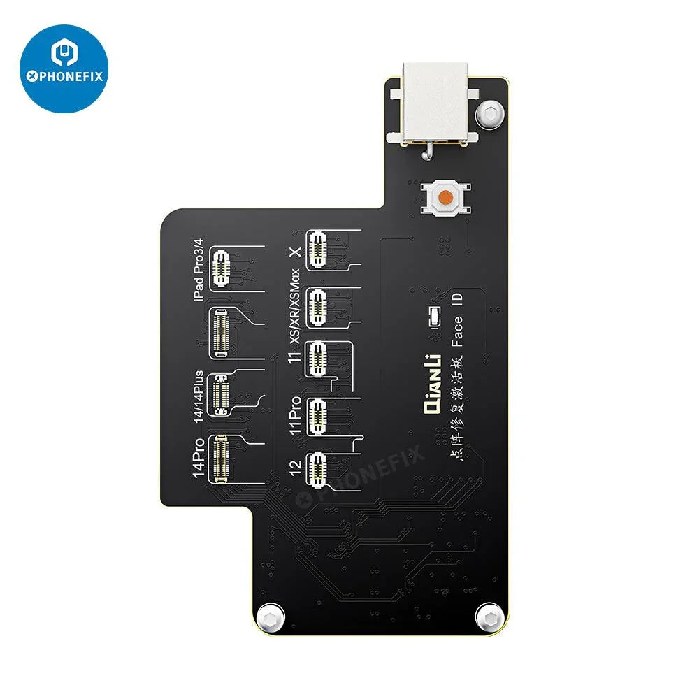PHONEFIX QianLi iCopy iPhone programmer for LCD screen, light sensor, and battery repair tools, shown with device components.