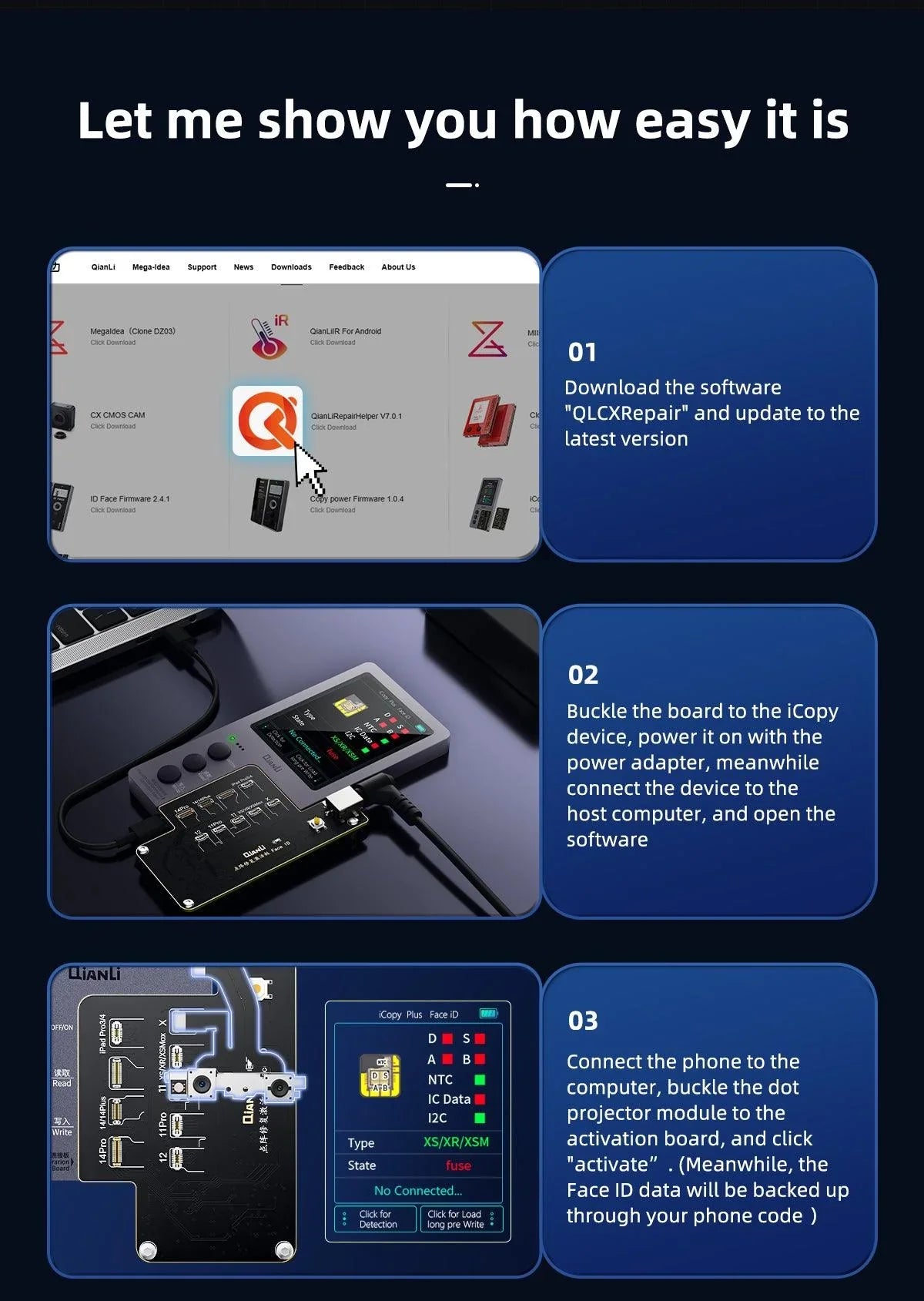 QianLi iCopy programmer for iPhone LCD screen, light sensor, and battery, used for phone repair and data transfer, by PHONEFIX.