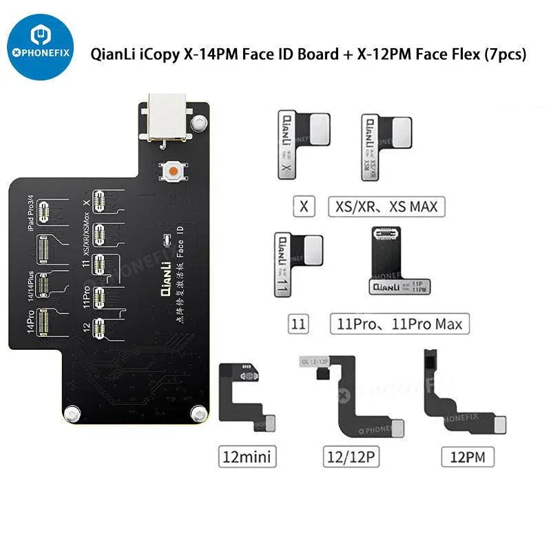 PHONEFIX QianLi iCopy iPhone programmer for LCD screen, light sensor, and battery repair tools, showing device components.