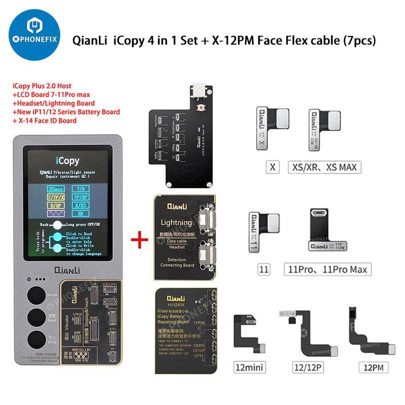 QianLi iCopy programmer for iPhone LCD screen light sensor and battery, used for phone repair and data transfer.