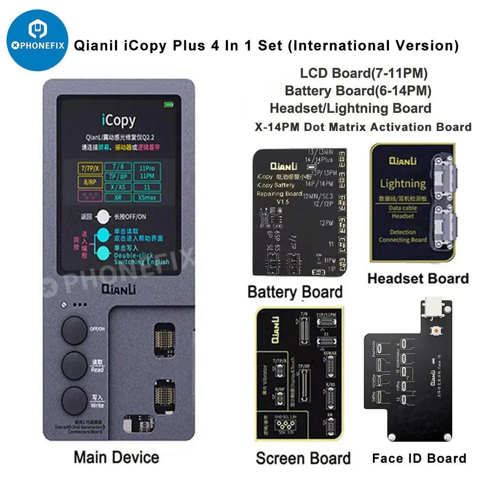 QianLi iCopy programmer for iPhone LCD screen, light sensor, and battery testing, designed for phone repair technicians.